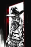 Placeholder: western styled man with hat (wide and flat brim and a flat top) shading face, wearing a gas-mask, leaning in a doorway, vignette, black and white graphic novel style with a red outline on black background, gothic horror