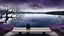 Placeholder: back to the camera on amorphe bench a non bynare human figure sitting, a beautiful landscape and overlooking the water of the nearby lake, calm, harmonious atmosphere, muted dark colors, purple, white, gray, brown, silver, blue, pale colors, , not too colorful colors, Whimsical style and giant stunning neuron network all over the sky surreal stunning vibe