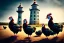 Placeholder: Five hens in front of a lighttower