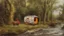 Placeholder: gypsy caravan in a woodland with pathway and river