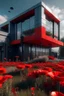 Placeholder: An advance modern house from the future surrounded with red poppies growing out of a zombie
