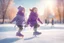 Placeholder: pencil drawing, pastel colours, in the foreground we see a purple knitted scarf falling on the ice, in the background cute cjibi children are skating happily in sunshine, ethereal, cinematic postprocessing, bokeh, dof