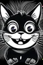 Placeholder: "Create a whimsical, black-and-white line art illustration of a playful and goofy cat. The cat should have exaggerated features, including large, bulging eyes, a wide, toothy grin, and a tongue sticking out. The fur should be depicted with detailed, expressive lines to convey a sense of fun and mischief. Ensure the overall style is cartoonish and engaging, suitable for a coloring page."