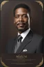 Placeholder: An extremely formal, funeral program on darkest bronze deeply pigmented velvet paper with brilliant, brightest heavy golden fonts, with a photograph on the front of the program of an strikingly handsome slightly tanned Biracial Black man of 50 years of age, with a slightly gray goatee dressed in a very dark conservative suit and tie, the photograph has a dark brown background or dark brown drapery background, simple, minimalistic, less element, very dramatic lighting