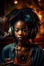 Placeholder: earthy black young woman listening to music with small old school headphones, soul, peace, majestic, earthy colours, at peace, happy, incense, jewels, bands, natural, old school headphones, blasian eyes, incense, very dark skin