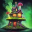 Placeholder: mushroom house on a floating green space island. Bright Crystals protrude from under island. The A lantern casts light on the door. wispy green smoke rising from a chimney. Bold Bright Colors, Stark Dark background. Fantasy Style. High Quality, Painterly, Whimsical, Fun, Imaginative, Bubbly,