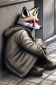 Placeholder: One single mature homeless fox with worn out clothes, sleeping in a corner on the street, Vienna, mourning, model style, hyper realistic, extremely accurate, delicate, extremely detailed, Graphic novel style, wide-angle, open aperture, superfine pencil