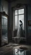 Placeholder: An old dusty wedding dress hanging on the wall in front of broken big mirror on the wall of an abandoned room , stormy foggy sky in the background, Bosch painting style, sad and tragic and dark scenes