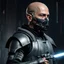 Placeholder: star wars bald male corellian pilot wearing pearlescent black and gunmetal grey First Order special forces heavy assault stealth commando armor and helmet with gold trim inside the jedi temple, hyperdetailed, dynamic lighting, hyperdetailed background, 8k resolution, volumetric lighting, light skin, fully symmetric details