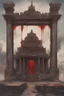 Placeholder: Broken temple with the floor covered in blood, detailed painting, sky of blood