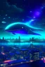 Placeholder: The city of the future is on the back of a decorated celestial whale swimming in space full of stars, planets, and the otherworldly world.