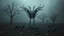 Placeholder: close in center weird crepy bird creature around different small dark crepy birds and far away surreal thriller vibe trees in alternative surreal barren, dry, gloomy world, nightmare in abyss, deep vortex, black, gray, purple, brown, silver, dark red colors, surreal, weird dark fantasy, deep dark colors, sharp lines, crepy stunning, high detalied, weird, fog, shadows, realistic, surreal, highly detailed, melancholic thriller mood
