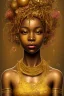 Placeholder: an abstract painting of gold metal and flowers, gold shinny African young girl filled with smiles flowing down, rust, scaffolding, iron cladding, decay, mixed media, textured, anatomically correct, beautiful perfect face, sharp focus, highly detailed