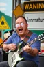 Placeholder: a very immature adult man playing music, cartman south park, sign in background that says "Warning!" "immature"