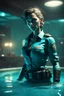 Placeholder: super mutant police woman in cyan pool in fallout 4 setting, bokeh, downlight, prize winning, depth of field, in the style of ivo caprino, backlight, aura