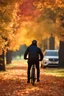 Placeholder: An Autumn Scene With A Man On A Bike, Stopped On The Side Of A Path, Wearing A Coat, Stopped To Take In The View, On The Grass, Colorful Leaves On The Ground, Vibrant, Colorful, Super Dramatic Light, Sharp Focus, Detailed, HDR, 8k Resolution
