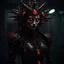 Placeholder: Demonic mechanical creepy aggressive necrophage zombie undead girl with scary red eyes, in a spiky leather and mechanical parts suit with tubes, dark fantasy horror, Filigree, Aesthetically pleasing, Realistic, Professional photo, 4k, hight resolution, higly detailed, 30mm lens, 1/250s, f/2.8, ISO 100