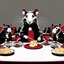 Placeholder: Vector illustration of a (((large rat sitting))) at a banquet table, eating a (((large cheese))), sitting at the same table, (((other rats watching the large rat eat))). White, red and black colors. Banksy style