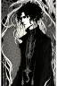 Placeholder: black haired young man necromancer wizard with gothic jewelry and tentacle fingers in the style of Harry Clarke