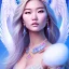 Placeholder: portrait of a beautiful mongolian woman with an angel face smiling,long blond hair, blue eyes, pink and blue dress, jewels, soft light aura