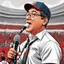 Placeholder: Ilustración estilo caricatura de Gustavo Petro presidente de Colombia, con gorra deportiva y camisa, hablando en un atril con micrófono, colores contrastantes, rojo, negro y blanco, fondo ciudad