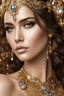 Placeholder: Half body photography ultra realistic natural beauty of young woman, beautiful, shiny hard eyes, make up, shiny baubles, ornate, large gemstones, shiny molten golden metalics, shiny wire filigree, luxury jewelry diamonds background,brown hair, high definition, high res,establishing shot