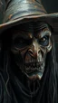 Placeholder: Busch painting style nightmare, a zoomed 3/2 view of a witch by his face skin is a rusted broken metallic skin texture in a 3d rendering full-height image of a grim and dark scene. Ensure the final images exhibit the utmost quality, encompassing 4K, 8K, and 64K resolutions, with 3D rendering that manifests in photorealistic, hyperrealistic, and highly detailed representations. Employ techniques such as HDR, UHD,