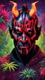 Placeholder: An angry Darth Maul, fueled by rage, runs through a neon-lit, cyberpunk jungle teeming with strange creatures. Render in the vibrant and psychedelic style of ayahuasca art, reminiscent of the works of Callie Fink