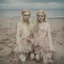 Placeholder: Elle fanning and dakota fanning as flowers, on the beach, damaged polaroid