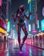 Placeholder: Night city Atmosphere Beyond Future A robotic Dj cyberpunk wearing advanced futuristic clothes metal shiny glass multicolor ( all to feet) she on passionate hip hop dancing faster in futuristic cyber city 3d rendering sci fi picture