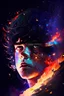 Placeholder: A boy face of colored flames and dark hair with exploding galaxies