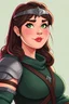 Placeholder: In a realistic, non-anime, vintage cartoon style: Bust shot of 35-year old, chubby Scandinavian dark-haired lady with green eyes and very thick lips who is dressed as a heroic soldier princess, like Xena.