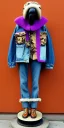 Placeholder: Brunette she. average body type. big head. Mantle is sewed of upcycled Denim and sewed together of camouflage pieces. Pieces' color are orange, cream and purple. It is with big bright purple felt tippet and cream-colored-hood. mantle is merged with satchel. . Big AKG-style headphones (gold rings!) is merged with small felt cap with small visor. Style: Haute Couture in 1910's, Paris fashion in 1998, inspired by street art. Cream latex gaiter. Her head and rest body!