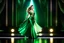 Placeholder: a very beautiful lady with makeup and curvy hair, wearing a pretty green jewelled long skirt with blouse and high heels, dancing over a modern stage with luxury metalic fractal recursive structures and dynamic color lights.3by 2