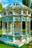 Placeholder: magic carved gazebo, garden, flowers, butterflies, colors: snow-white, silver, milky, mint, glaze, pearl, turquoise, cream, mother-of-pearl, dawn: sfumato, complex abstraction in the style of Dali