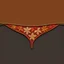 Placeholder: an autumn colored textured cloth embroidered ornamental leaves, pointed bottom, on dark background, embroidered text across top, Canadian western cowboy style