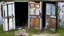 Placeholder: broken doors standing in the yard without framing