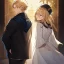 Placeholder: anime couple, couple is standing back to back, female, white dress, blonde hair, male black coat, male hat, male dark brown hair