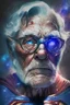 Placeholder: an old man with big gray eyes waring superman custom flaying in galaxy background