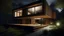 Placeholder: A modern, minimalist house with a wooden exterior and large windows overlooking a natural landscape at night