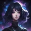 Placeholder: Create a dark-themed, old-school anime-style portrait featuring a character with a galaxy-inspired form instead of traditional facial features