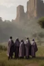 Placeholder: gruppo di suore africane con tunica grigia giornata di sole precipizio fuori città , terra