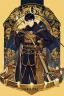 Placeholder: A handsome 30 year old knight, black hair, male bob haircut, in black-and-gold plate armor, golden katana in both hands, no beard, european, proper arms