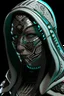 Placeholder: female, shinobi, halfmask oni, white hood, glowing runes, nordic runes, turquoise runes, full black eyes, hard-edge style,highly detailed, high details, detailed portrait, masterpiece,ultra detailed, ultra quality