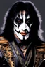 Placeholder: 30-year-old Peter Criss (Drummer) with shoulder length, wavy, straight black and gray hair, with his face made up to look like a cat's face, red lipstick - in the art style of Boris Vallejo, Frank Frazetta, Julie bell, Caravaggio, Rembrandt, Michelangelo, Picasso, Gilbert Stuart, Gerald Brom, Thomas Kinkade, Neal Adams, Jim Lee, Sanjulian, Thomas Kinkade, Jim Lee, Alex Ross,