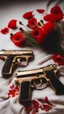 Placeholder: Two gold pistols and a red notebook on a white scarf. A bed of red poppies. Close-up from above.cinematic.dark mood