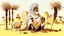 Placeholder: Old man, Arab, turban, white clothes, cattle, desert, council, sun, palm trees, mud houses, holding a stick, looking forward, a very slight smile.cartoon,Sitting on a chair,long beard,Mouth slightly open