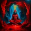 Placeholder: An oil painting of hindu god YAMA in a cave, neon red colors, high detail