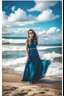 Placeholder: young lady wearing beautiful maxi blue dress standing in beach posing to camera ,ships in sea ,blue sky nice clouds