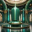 Placeholder: stunning hyper-realistic render of a sleek and elegant Naboo staryacht in pearlescent teal green with gold trim sitting in ancient jedi temple hangar, fully symmetric details